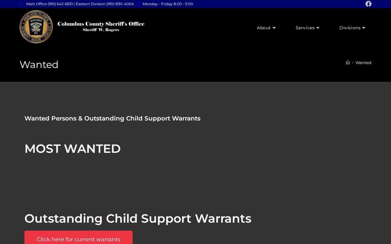 Columbus County Sheriff wanted persons and warrants page headings