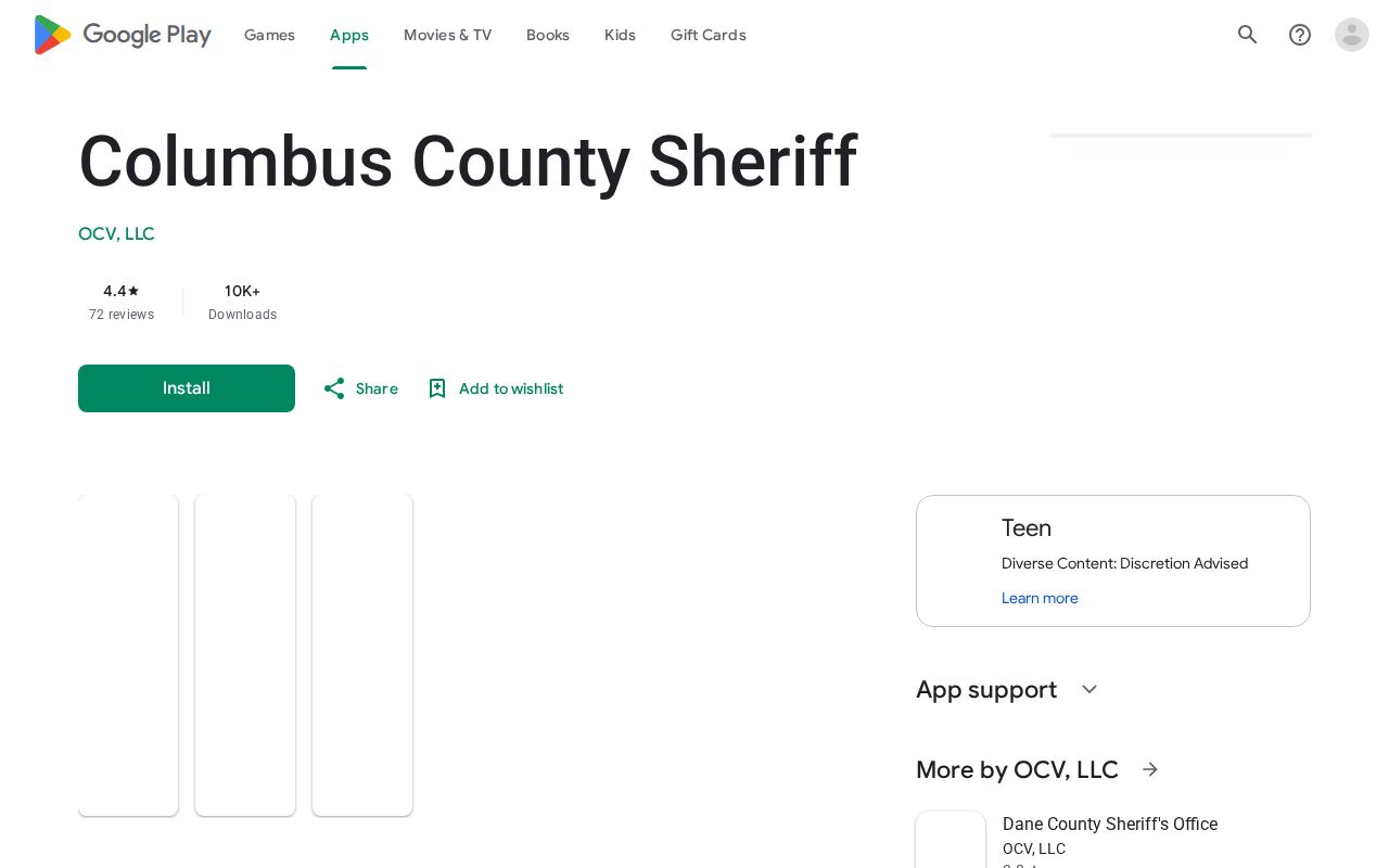 Columbus County Sheriff app listing with inmate search and arrest alert tools