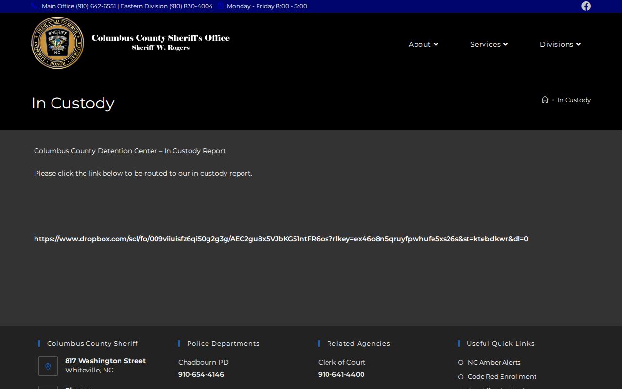Columbus County Sheriff In Custody report landing page