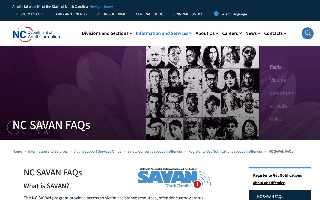 NC SAVAN FAQ for Columbus County release and transfer notification timing