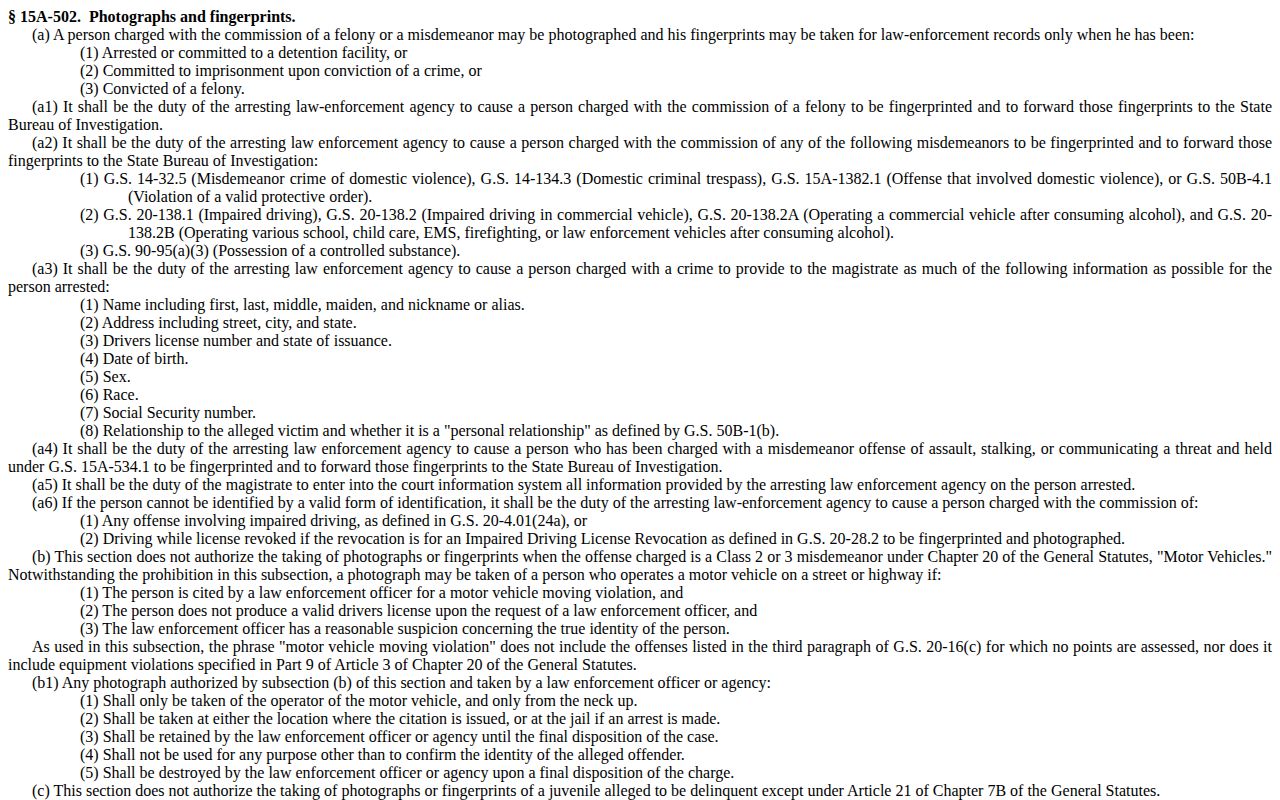 North Carolina statute governing arrest identification photographs