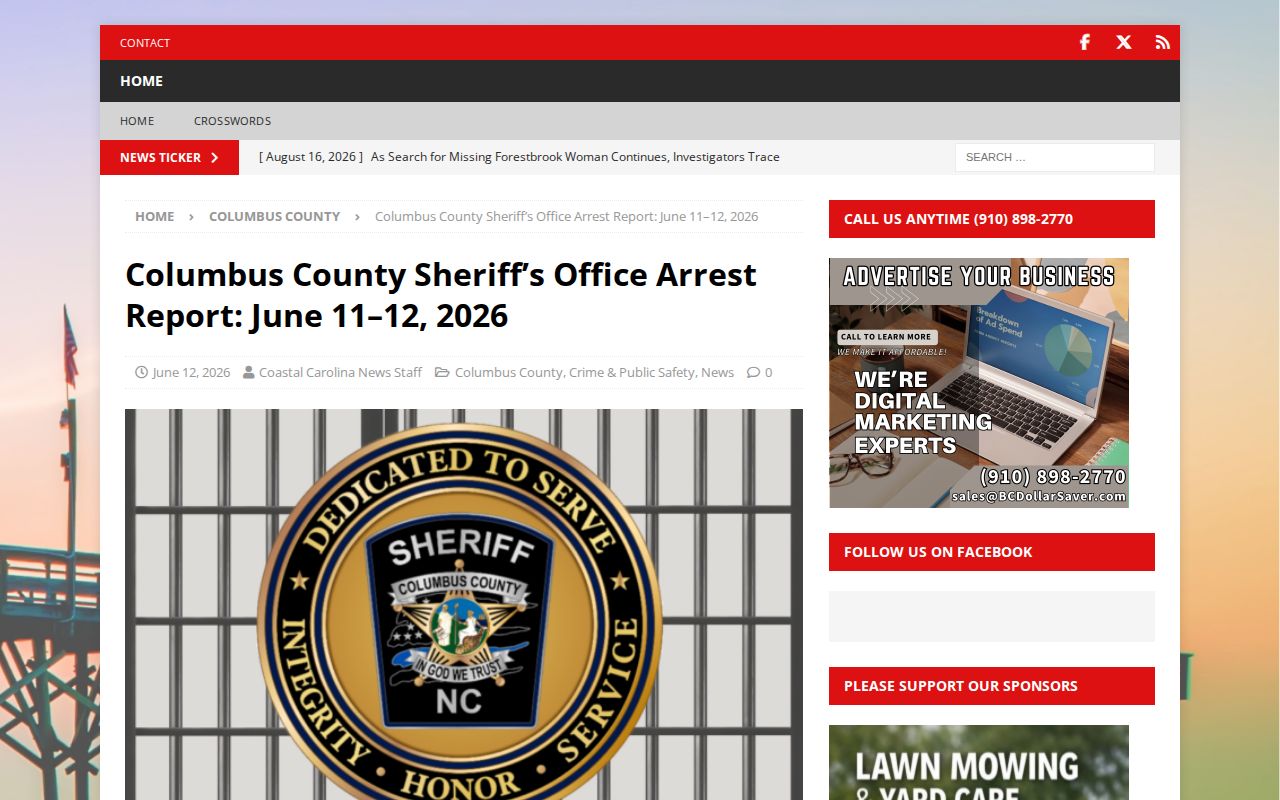 Columbus County arrest log report example with dated booking fields