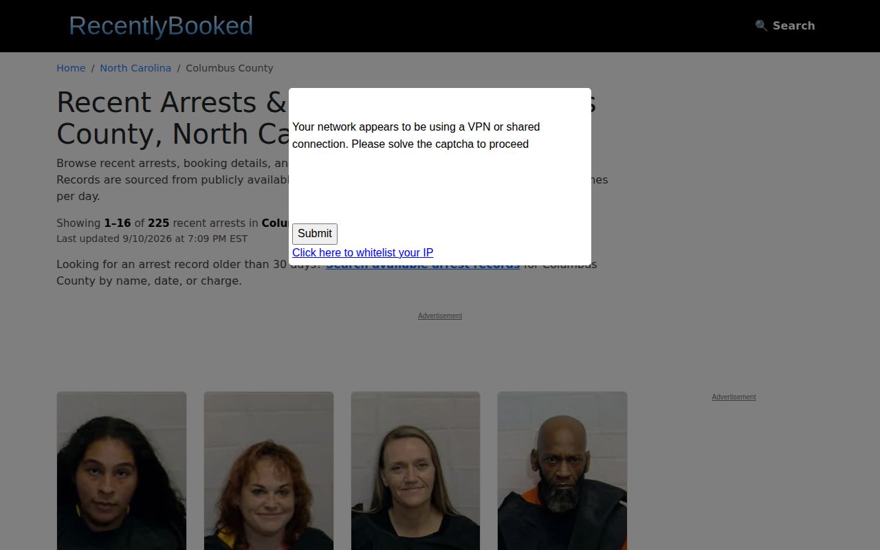 Unofficial RecentlyBooked Columbus County page interface