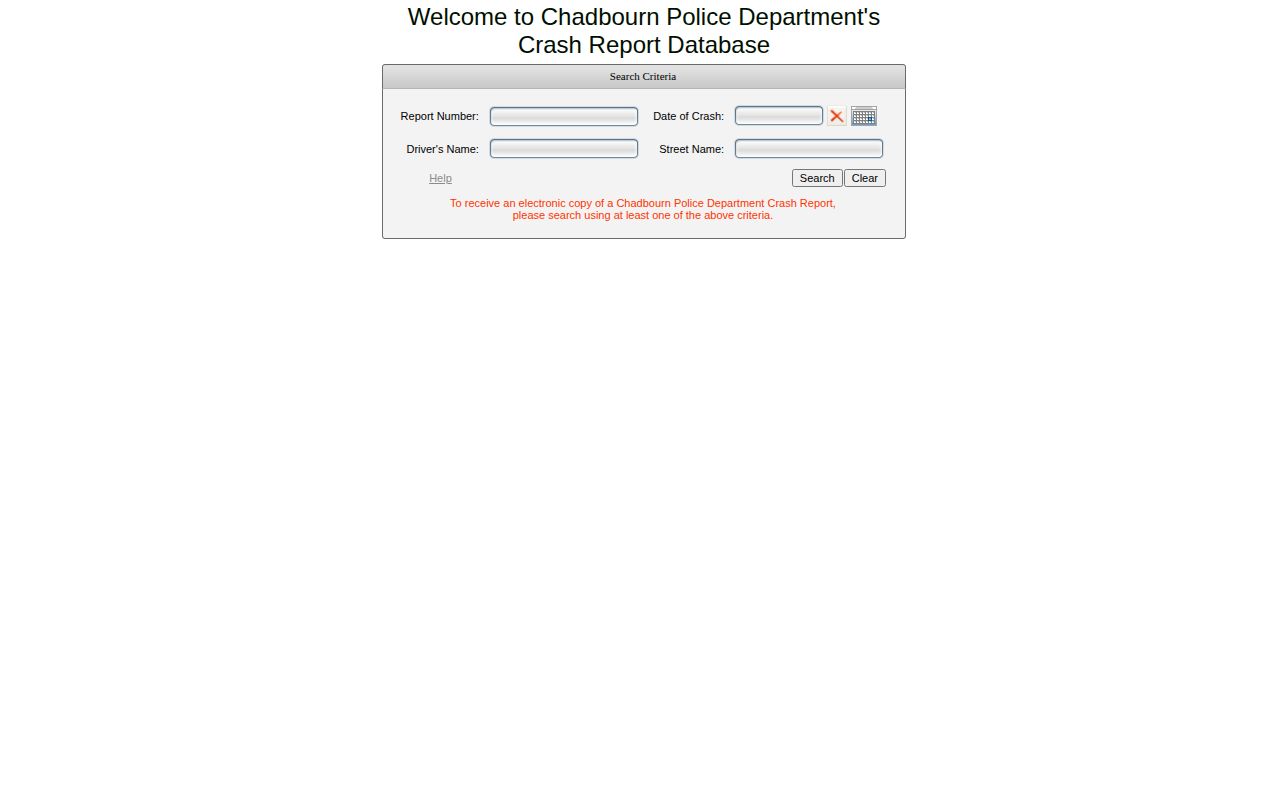 Chadbourn eCrash report search interface