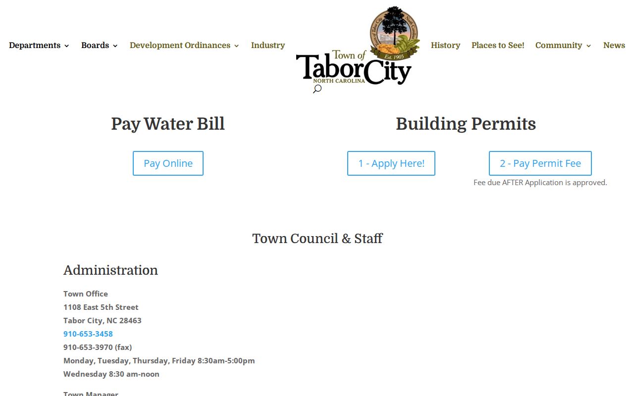 Official Tabor City staff page listing the police department